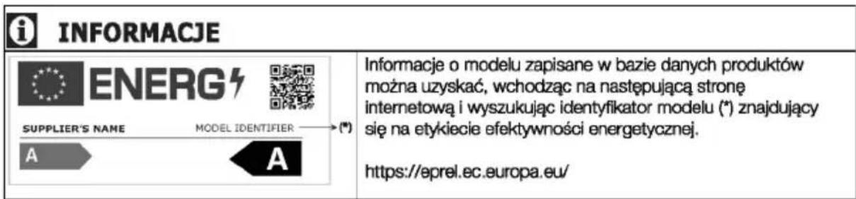 i INFORMACJE ENERG SUPPLIER'S NAME MODEL IDENTIFIER → (*) A A Informacje o modelu zapisane w bazie danych produktów można uzyskać, wchodząc na następującą stronę internetową i wyszukując identyfikator modelu (*) znajdujący się na etykiecie efektywności energetycznej. https://eprel.ec.europa.eu/