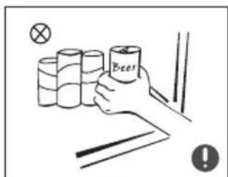 Illustration showing a hand holding beer bottles with a warning symbol and a cross mark, next to stacked cylindrical objects.