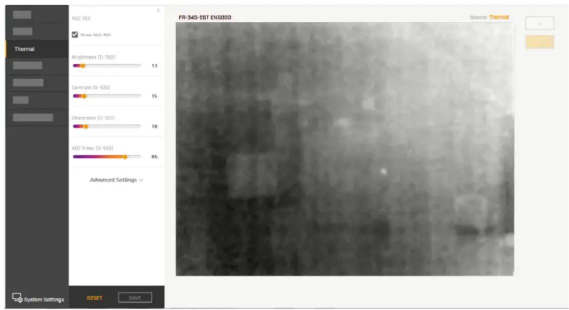 FR-345-EST ENG000 Stream: Thermal AGC ROI Show AGC ROI Brightness (D-100) 13 Contrast (D-100) 15 Sharpness (D-100) 18 ADC Filter (D-100) 85 Advanced Settings System Settings RESET SAVE