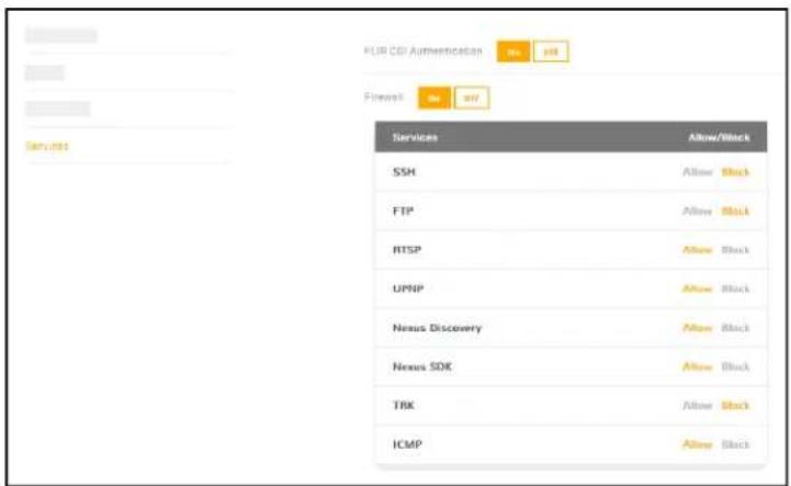PLUB CGI Authentication Filemark Send Send Services SSH Allow Black FTP Allow Black RTSP Allow Black UMIP Allow Black Nexus Discovery Allow Black Nexus SDK Allow Black TRK Allow Black ICMP Allow Black