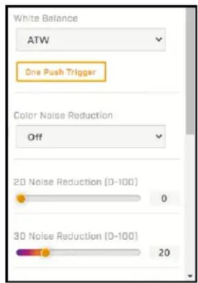 White Balance ATW One Push Trigger Color Noise Reduction Off 20 Noise Reduction [0-100] 0 30 Noise Reduction [0-100] 20