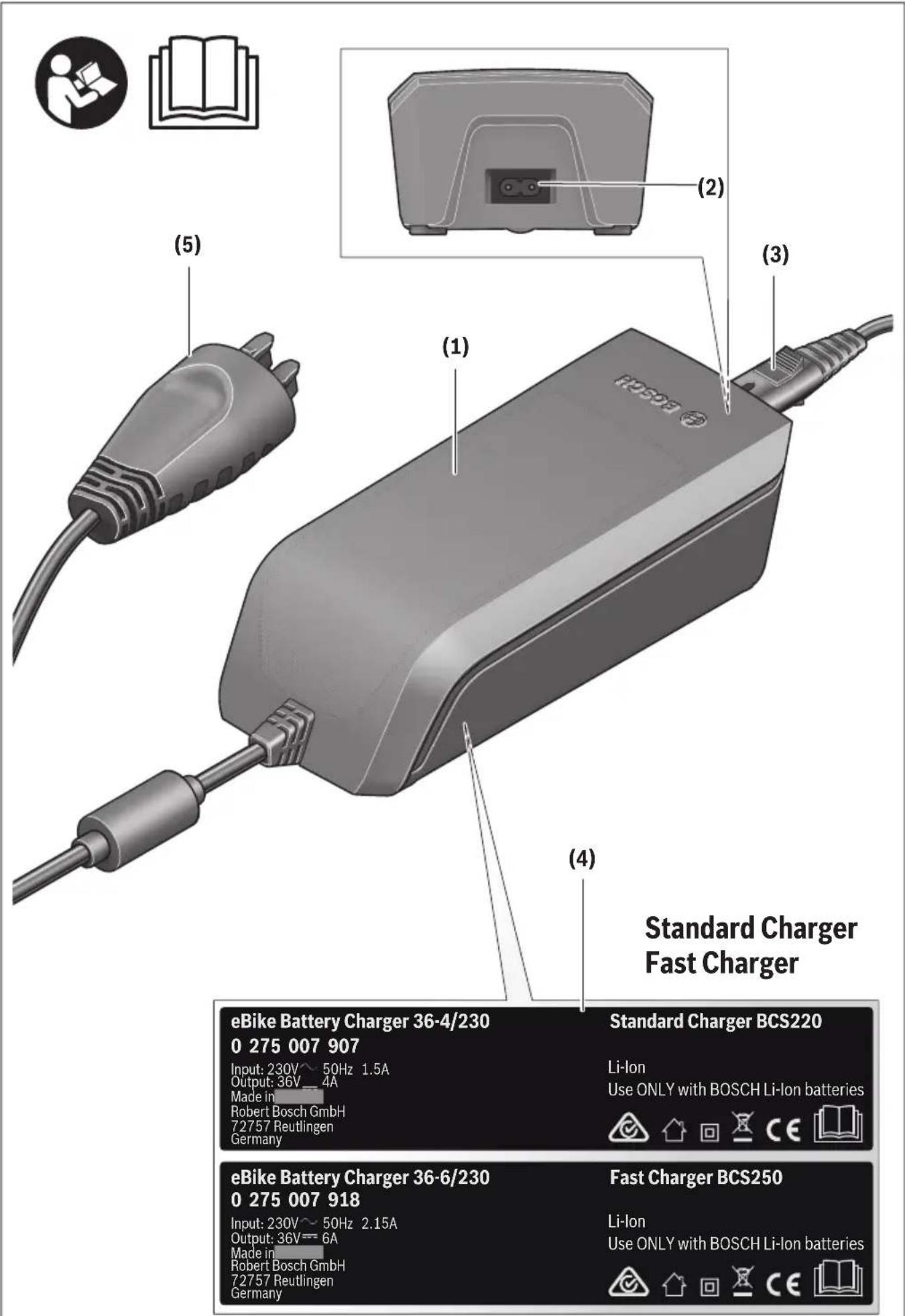 (1) (2) (3) (4) Standard Charger Fast Charger eBike Battery Charger 36-4/230 0 275 007 907 Input: 230V ~ 50Hz 1.5A Output: 36V ~ 4A Made in Robert Bosch GmbH 72757 Reutlingen Germany Standard Charger BCS220 Li-Ion Use ONLY with BOSCH Li-Ion batteries (e) (e) (e) (e) (e) (e) (e) (e) (e) (e) (e) (e) (e) (e) (e) (e) (e) (e) (e) (e) (e) (e) (e) (e) (e) (e) (e) (e) (e) (e) (e) (e) (e) (e) (f) (f) (f) (f) (f) (f) (f) (f) (f) (f) (f) (f) (f) (f) (f) (f) (f) (f) (f) (f) (f) (f) (f) (f) (f) (f) (f) (f) (f) (f) (f) (f) (f) (f)