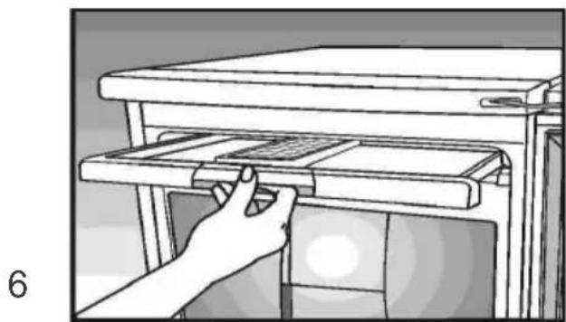 Illustration of a hand inserting a tray into a rack (no text or symbols)