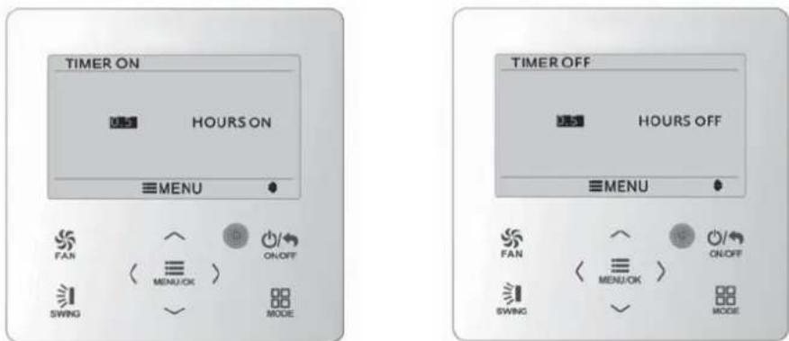 TIMER ON HOURS ON MENU FAN ON/OFF < MENU/OK > SWING MODE TIMER OFF HOURS OFF MENU FAN ON/OFF < MENU/OK > SWING MODE