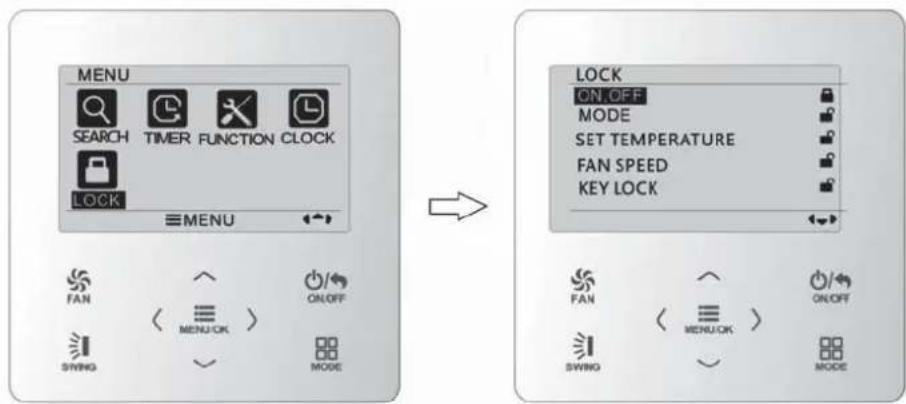 MENU SEARCH TIMER FUNCTION CLOCK LOCK MENU FAN ON/OFF < MENU/OK > SWING MODE → LOCK ON.OFF MODE SET TEMPERATURE FAN SPEED KEY LOCK FAN ON/OFF < MENU/OK > SWING MODE