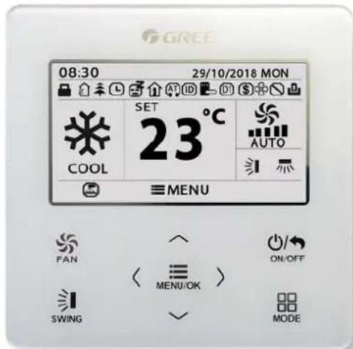 GREE 08:30 29/10/2018 MON SET 23°C COOL AUTO MENU FAN ON/OFF < MENU/OK > SWING MODE