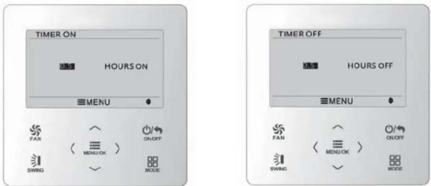 TIMER ON HOURS ON MENU FAN ON/OFF < MENU/OK > SWING MODE TIMER OFF HOURS OFF MENU FAN ON/OFF < MENU/OK > SWING MODE