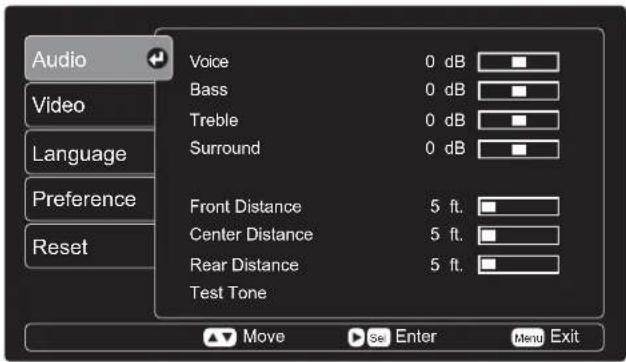 Audio Video Language Preference Reset Voice 0 dB Bass 0 dB Treble 0 dB Surround 0 dB Front Distance 5 ft. Center Distance 5 ft. Rear Distance 5 ft. Test Tone Move Enter Menu Exit
