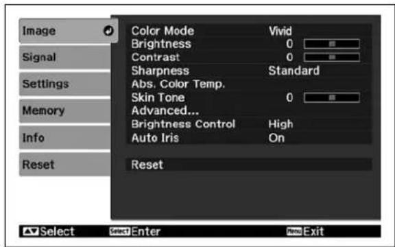 Image Signal Settings Memory Info Reset Color Mode Vivid Brightness 0 Contrast 0 Sharpness Standard Abs. Color Temp. Skin Tone 0 Advanced... Brightness Control High Auto Iris On Reset Select Enter New Exit