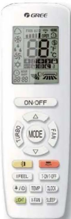 GREE FAN AUTO 88 °C OPER MOUR ON/OFF TURBO MODE FAN I FEEL T-ON-T-OFF + / 0 TEMP CLOCK LIGHT X-FAN SLEEP