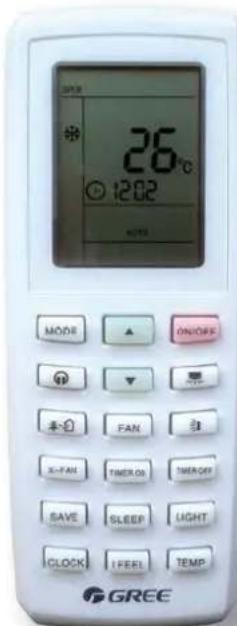 SPDR 26°C 1202 HOTU MODE ON/OFF FAN S-FAN TIMER ON THERON SAVE SLEEP LIGHT CLOCK I FEEL TEMP GREE