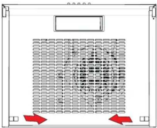 Diagram of a server rack with rows of slots and two red arrows pointing to the side (no text or symbols)