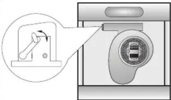 Diagram showing a hand operating a switch inside a washing machine, with an inset close-up highlighting the mechanism (no text or symbols present)