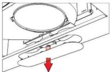 Technical diagram of a mechanical assembly with a red arrow indicating a downward motion (no text or symbols present)