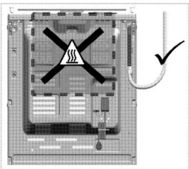 Diagram of a device with warning symbol and checkmark, indicating thermal hazard or safety warning.