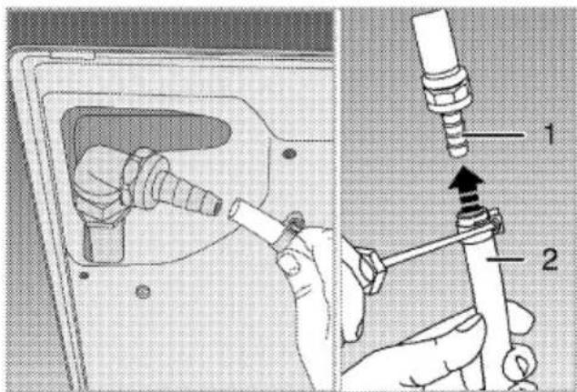 Technical diagram showing mechanical assembly steps with labeled parts 1 and 2