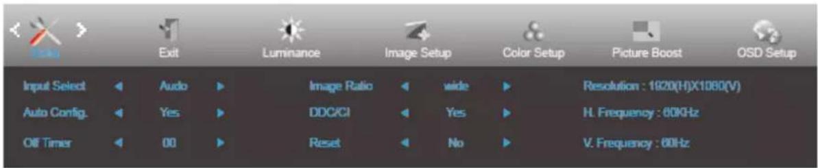 Input Select Audio Image Ratio wide Resolution : 1920(H)X1080(V) Auto Config. Yes DDG/CI Yes H. Frequency : 60KHz Off Timer 00 Reset No V. Frequency : 60Hz
