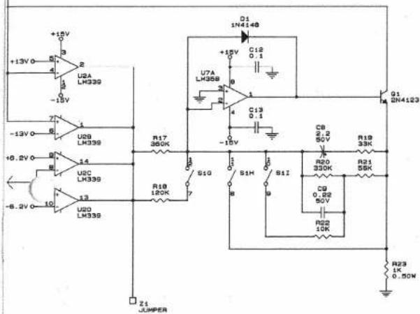 +12V +13V 0 U2A LH339 -15V -13V 0 U2B LH339 +0.2V 0 U2C LH339 -6.2V 0 U2D LH339 R17 350K R18 120K S10 S1H S1I R20 330K R21 56K R22 10K R23 1K 0.50V Q1 2N4123 D1 1N4148 C12 0.1 U7A LH358 0 C13 0.1 -15V C8 2.2 50V R19 33K R20 330K C9 0.22 50V