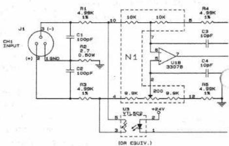 J1 CH1 INPUT (+) B(-) C1 100pF R2 2.7 0.50W C2 100pF R3 4.98K 1% 10 10K 10K R4 4.98K 1% C3 10pF N1 7 6 U1B 33078 7 C4 10pF 2 200 9.9K R5 4.98K 1% 4 9.9K +84V YL56P OR EQUIV.) 3 2 1