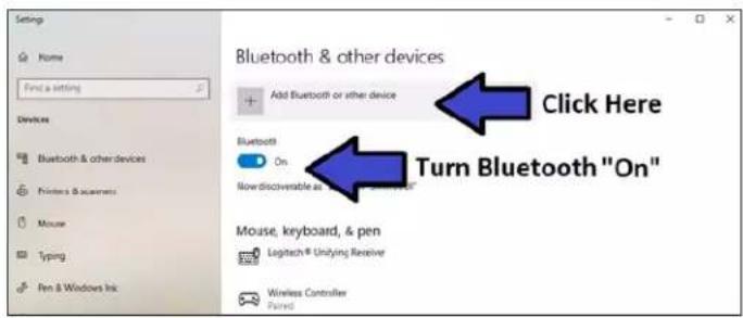 Settings Name Find a letting Devices Bluetooth & other devices Bluetooth & Printers & scanners Mouse Typing Pen & Windows Ink Bluetooth & other devices Add Bluetooth or other device Bluetooth® On Now discoverable as "On" Mouse, keyboard, & pen Logitech® Unifying Receiver Wireless Controller Named Click Here Turn Bluetooth "On"