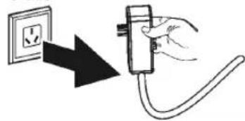 Diagram showing a hand holding a plug connected to an electrical socket, with a black arrow indicating the direction of connection.