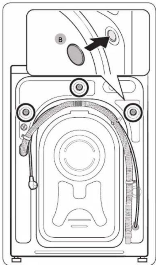 Technical diagram of a device with labeled components and an arrow pointing to a component marked 'B'