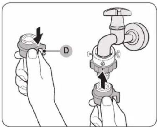 Diagram showing two hands adjusting a valve with labeled component D, illustrating the process of adjustment or repair.