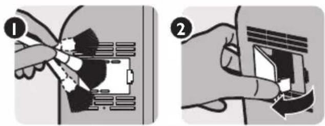 Diagram showing two-step installation of a device with labeled parts and hand gestures