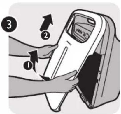 Diagram showing a hand inserting a device into a device with numbered arrows indicating steps 1, 2, and 3.