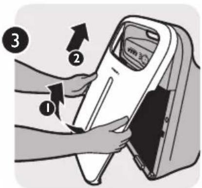 Diagram showing a hand inserting a device into a device with numbered arrows indicating steps 1, 2, and 3.