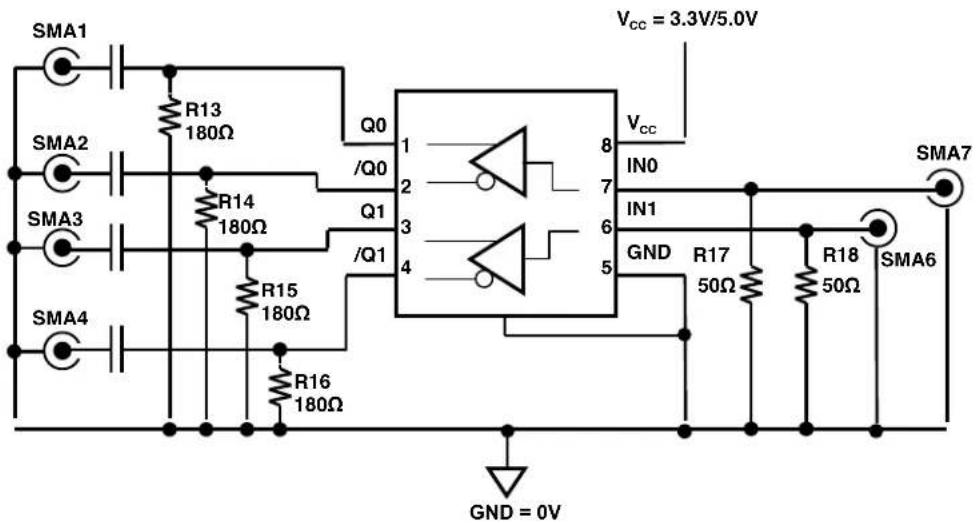 SMA1 R13 180Ω Q0 /Q0 1 2 3 4 Vcc = 3.3V/5.0V SMA2 R14 180Ω Q1 /Q1 8 IN0 7 IN1 6 GND 5 R17 50Ω R18 50Ω SMA3 R15 180Ω R16 180Ω GND = 0V SMA4 SMA7