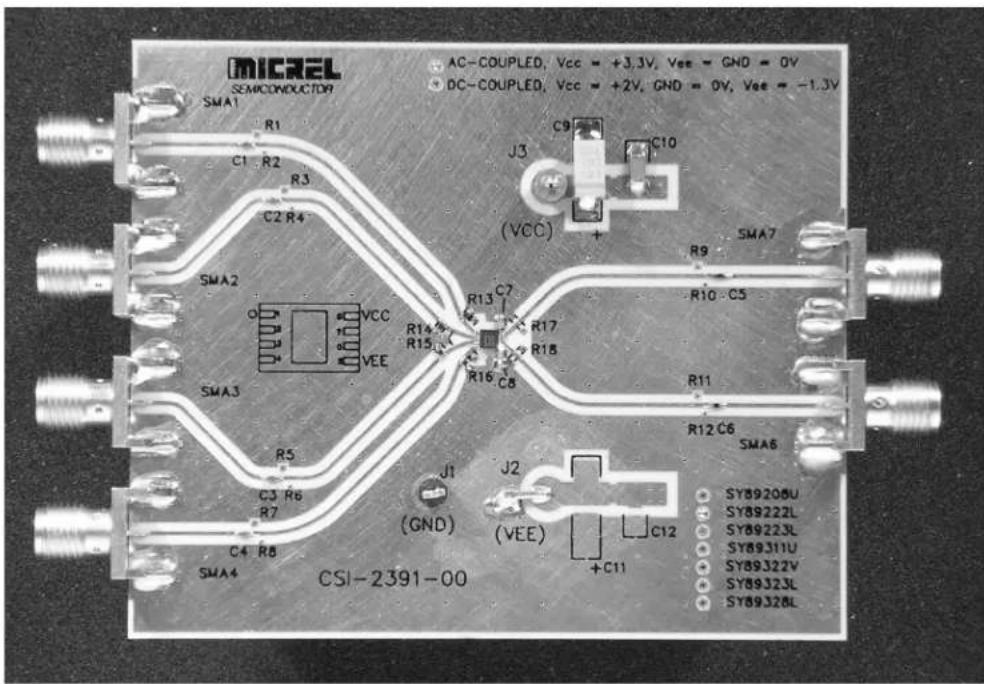MICREL SEMICONDUCTOR SMA1 R1 C1 R2 R3 C2 R4 SMA2 VCC R14 R15 VEE SMA3 R5 C3 R6 R7 C4 R8 SMA4 CSI-2391-00 AC-COUPLED, Vcc = +3.3V, Vee = GND = 0V DC-COUPLED, Vcc = +2V, GND = 0V, Vee = -1.3V J3 C9 C10 (VCC) + R9 SMA7 R10 C5 R11 R12 C6 SMA6 J1 GND J2 (VEE) C12 + C11 SY89208U SY89222L SY89223L SY89311U SY89322V SY89323L SY89328L