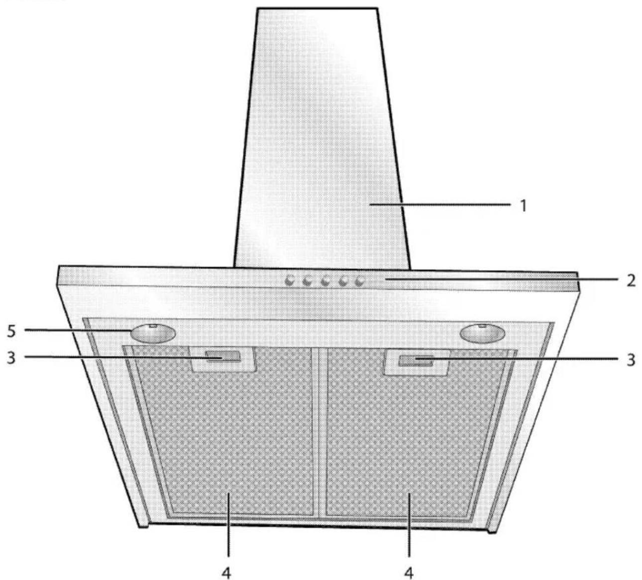 Technical diagram of a kitchen chimney with numbered components for identification
