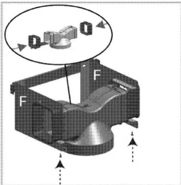 Technical diagram of a mechanical component with labeled parts F and O, showing directional arrows and a magnified inset view.