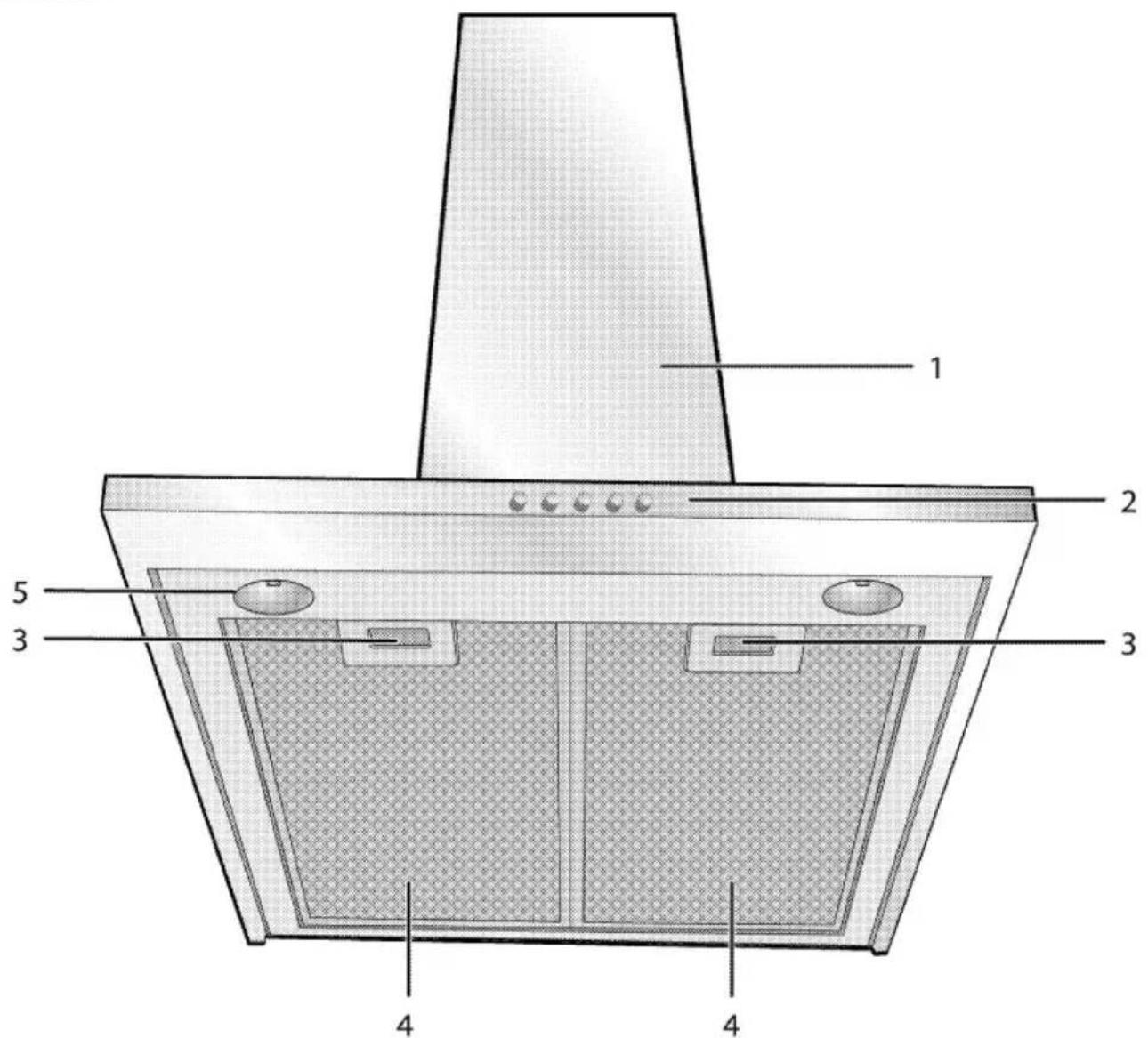 Technical diagram of a kitchen chimney with numbered components for identification