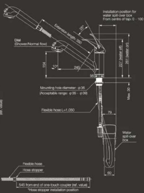 Installation position for water spill-over box From centre of tap: 0 - 100 Dial (Shower/Normal flow) Extension length: 350 227 (min) off 781 meter off 154 10" 245 56" Mounting hole diameter: φ36 (Acceptable range: φ36 - φ39) Flexible hose L=1,050 79" Water spill-over box 60" Flexible hose Hose stopper 545 from end of one-touch coupler (ref. value) "Hose stopper installation position