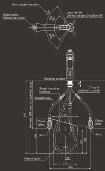 Spout angle of rotation Button switch (° hinged/ Tap water) Lever handle Left-right angle of rotation: 55° Mounting surface Screw mounting positions Braded hose Check valve G1/2 Hed water 368 to end of coupler (ref. value) C ring for one-touch coupler Check valve G1/2 Hose stopper 171 300 179 190 190 190 190 190 190 190 190 190 190 190 190 190 190 190 190 190 190 190 190 190 190 190 190 190 195 171 300