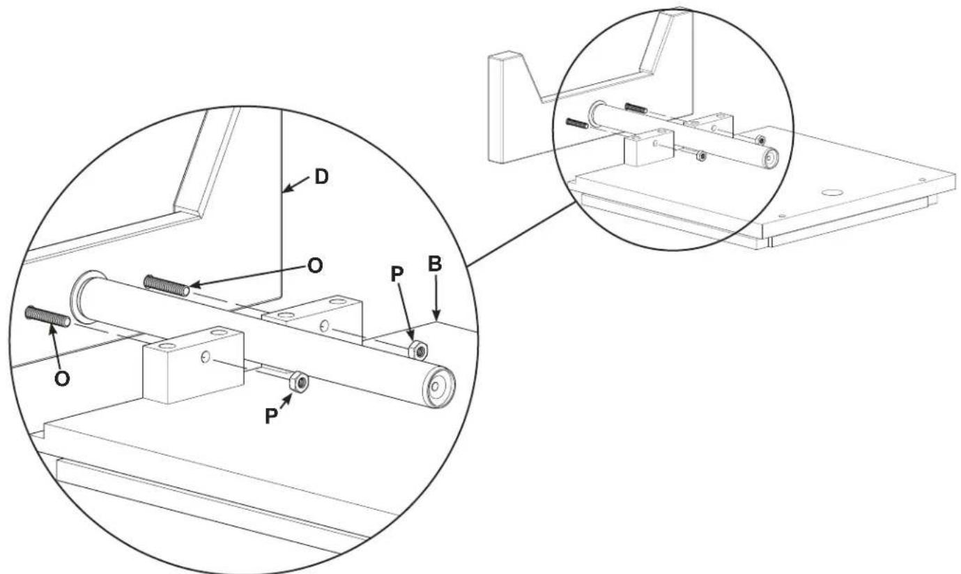 Technical diagram showing mechanical assembly with labeled parts (O, P, B, D) and a magnified inset view of a mechanical component.