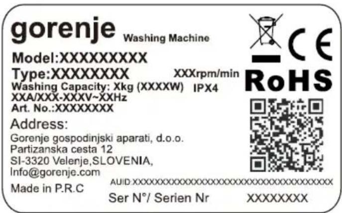 gorenje Washing Machine Model:XXXXXXXXX Type:XXXXXXXXX XXXrpm/min Washing Capacity: Xkg (XXXXW) IPX4 XXA/XXX-XXXV~XXHz Art. No.:XXXXXXXXX Address: Gorenje gospodinjski aparati, d.o.o. Partizanska cesta 12 SI-3320 Velenje,SLOVENIA, Info@gorenje.com Made in P.R.C AUDXXXXXXXXXXXXXXXXXXXXXXXXXXXXXX Ser N°/ Serien Nr XXXXXXXX