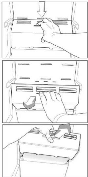 Technical diagram showing three-step installation procedure for a machine, with hand operating key and device placement