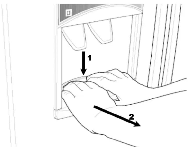 Diagram showing hand positioning of a device with labeled parts and directional arrows indicating movement or positioning.
