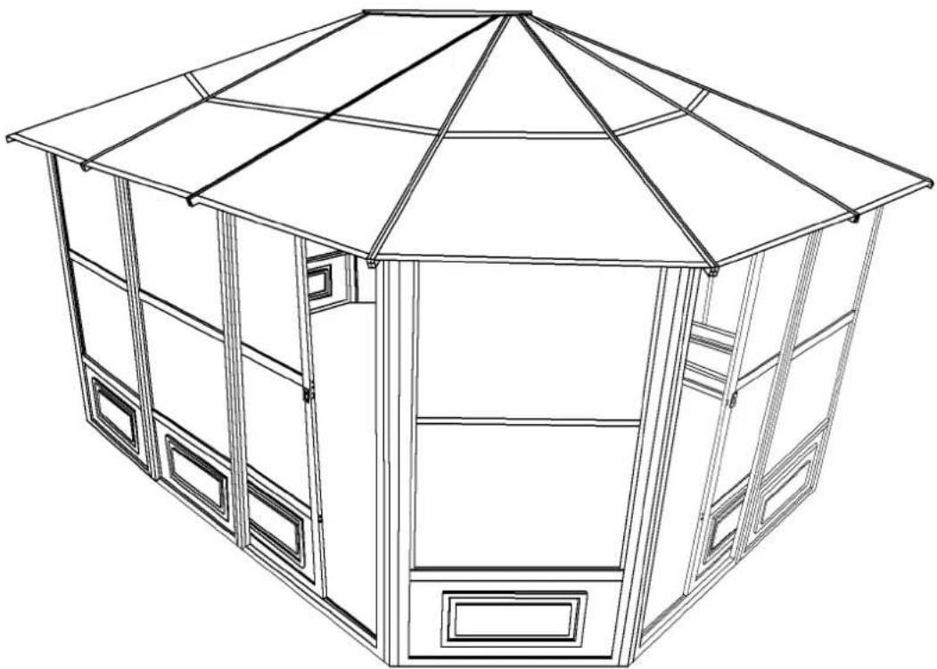 Line drawing of a modular building structure with triangular roof and window panels (no text or symbols)