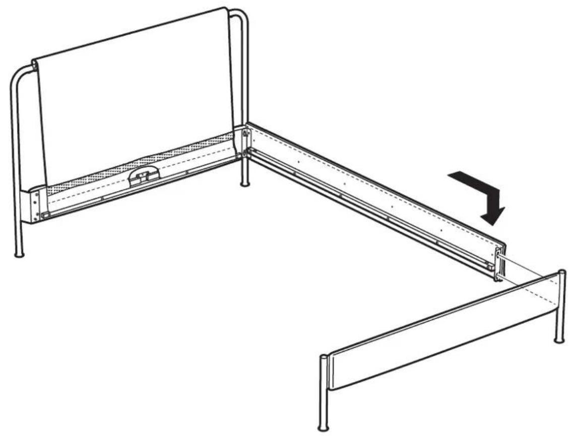 Technical line drawing of a metal frame structure with an arrow indicating a motion or assembly (no text or symbols present)