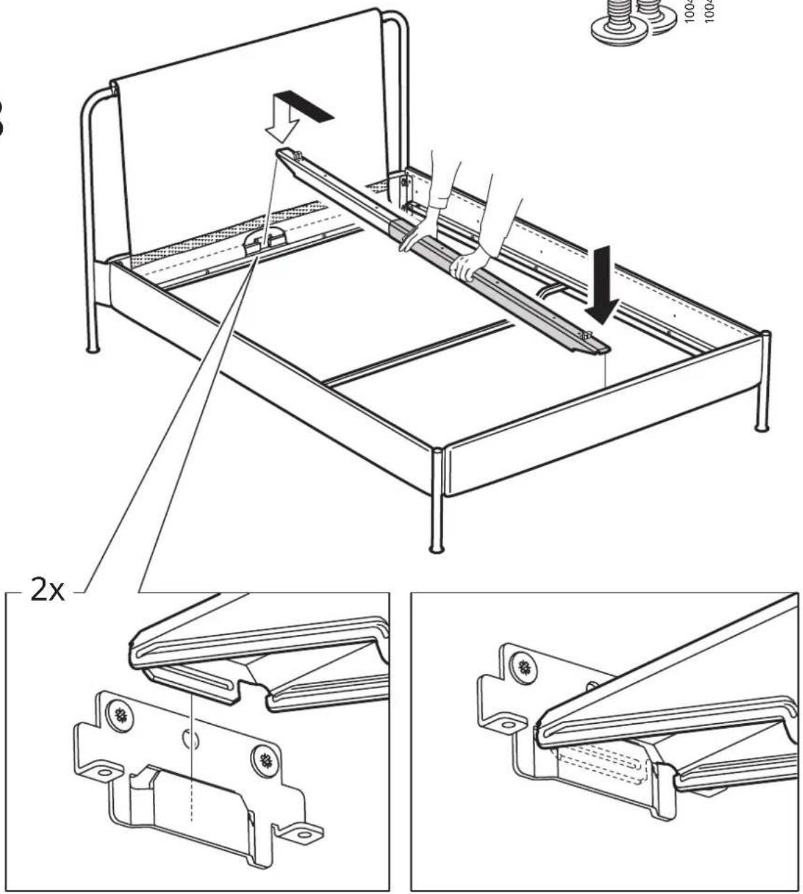 Technical diagram illustrating a mechanical assembly with labeled parts and directional arrows, including 2x scaling and assembly details.