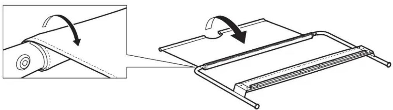 Diagram showing a mechanical assembly with a rolled sheet and a slide, both with curved arrows indicating rotation or movement (no text or symbols present)
