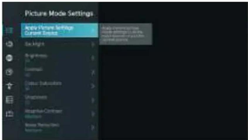 Picture Mode Settings Apply Picture Settings Current Settings Backlight Background Contour Colour Substruts Ungriness Graphic-Confident Background Balance Thermal/Shell Manture