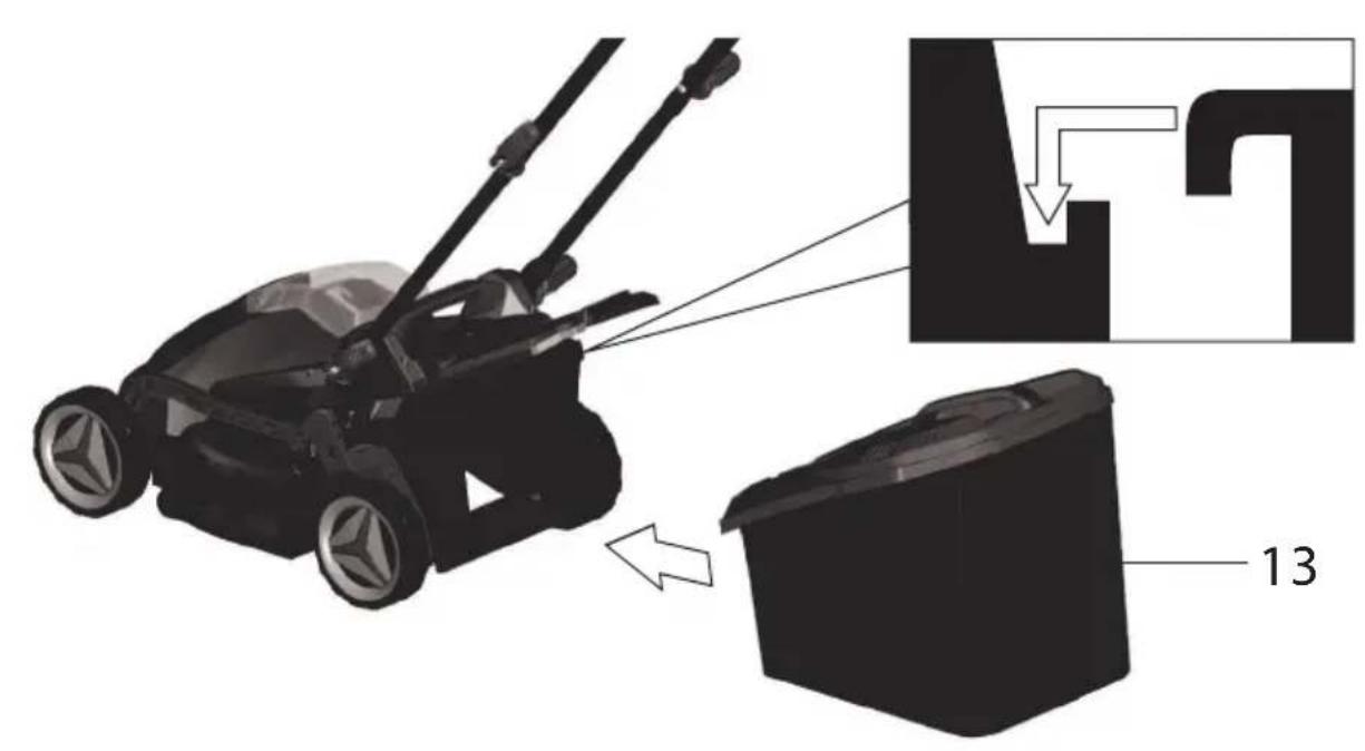 Diagram showing a lawn mower with labeled parts and an inset detail view highlighting a mechanical component.