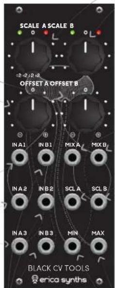 SCALE A SCALE B 18-24-24 OFFSET A OFFSET B INA1 INB1 MIX A MIX B INA2 INB2 SCL A SCL B INA3 INB3 MIN MAX BLACK CV TOOLS erica synths