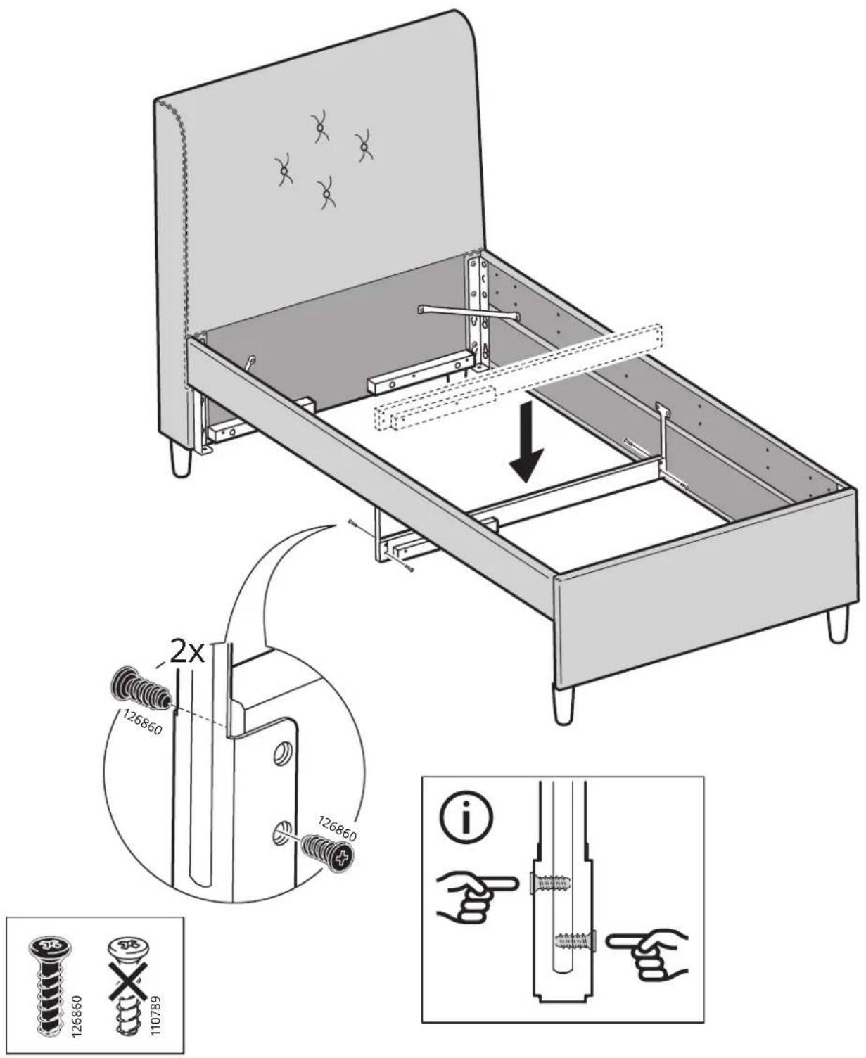 Technical diagram of a bed with screw fasteners and a 2x ratio adjustment, showing exploded view and component labeling.