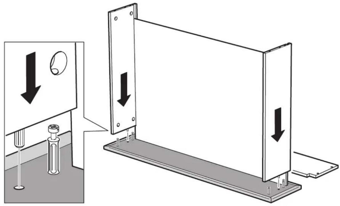 Technical diagram showing a mechanical assembly with downward force arrows and a circular component, likely illustrating a lifting or mounting process.